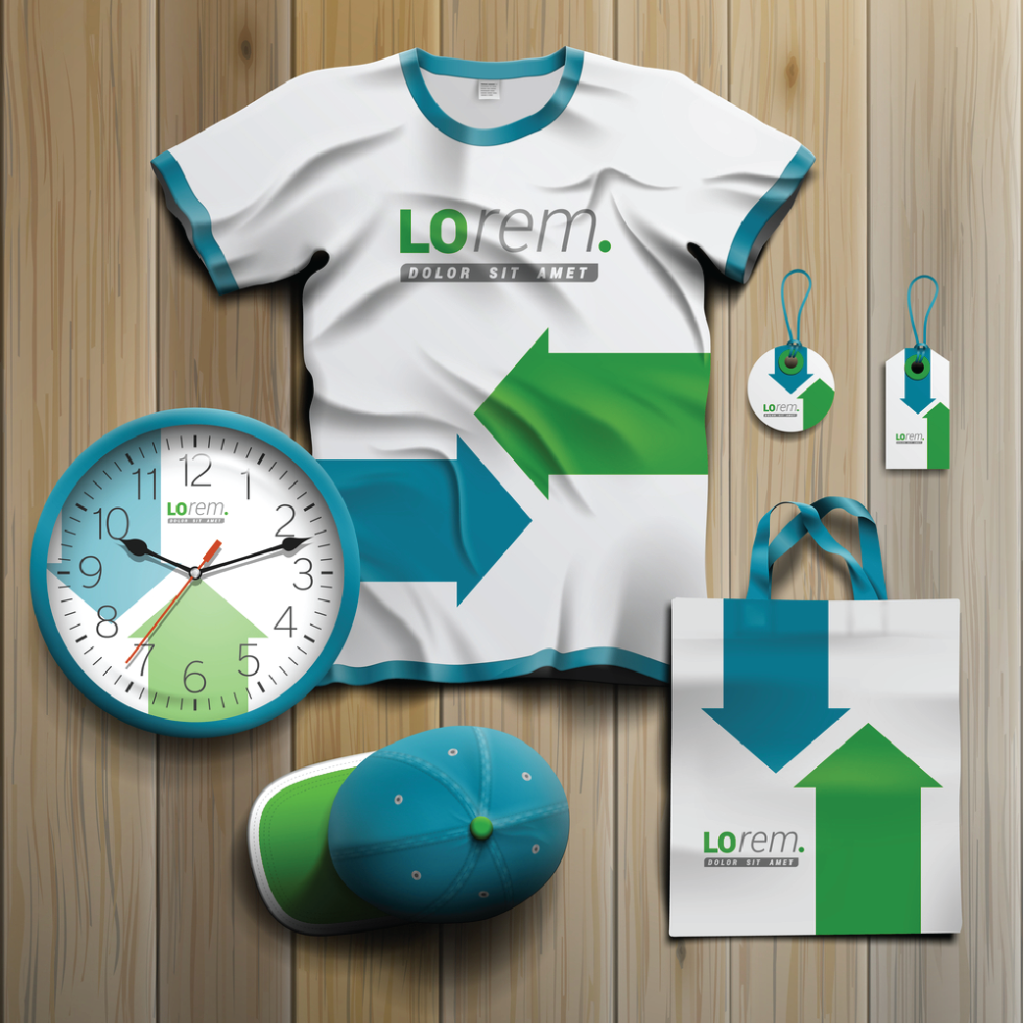 A collection of corporate gifting items including branded tags, clocks, caps, and printed t-shirts, showcasing the company's logo and branding. These items are carefully selected to represent the company's identity and values, serving as thoughtful gifts for clients, employees, or business partners.